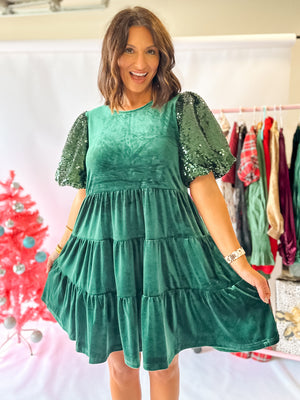 Under The Christmas Tree Velvet Dress - Hunter Green