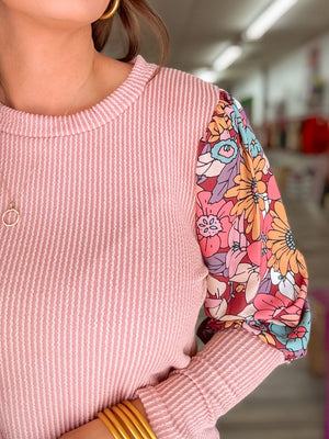 Long Sleeve Floral Ribbed Top