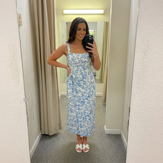 Floral Square Neck Sleeveless Faux Wrap Midi Dress