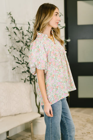Flower Picking Notch Neck Blouse - West Avenue