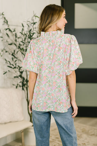 Flower Picking Notch Neck Blouse - West Avenue