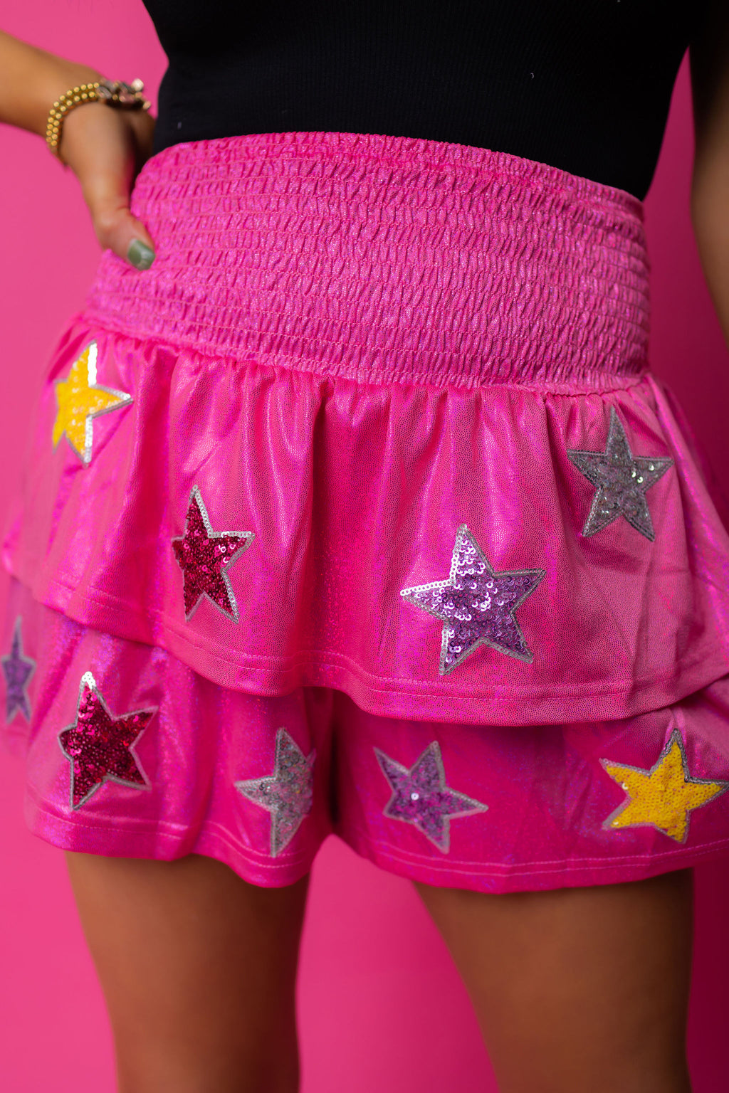 Sequined Star High Waist Shorts - Pink