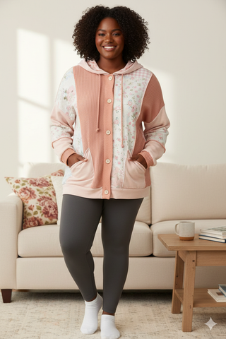 Style Button Waffle Floral Color Block Sweater Jacket Top - West Avenue