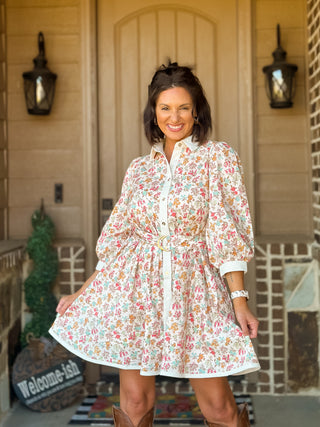 Rosalie Floral Belted Mini Dress | Button-Front 3/4 Sleeve Shirtdress - West Avenue