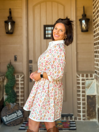 Rosalie Floral Belted Mini Dress | Button-Front 3/4 Sleeve Shirtdress - West Avenue
