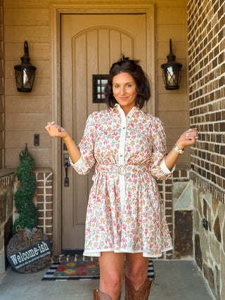 Rosalie Floral Belted Mini Dress | Button-Front 3/4 Sleeve Shirtdress - West Avenue