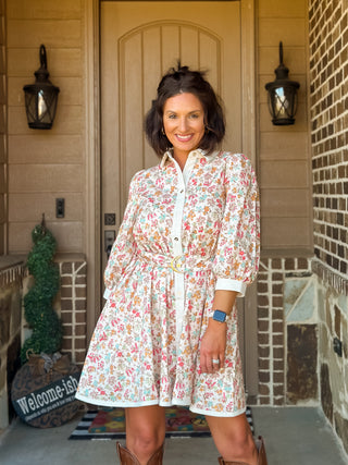 Rosalie Floral Belted Mini Dress | Button-Front 3/4 Sleeve Shirtdress - West Avenue