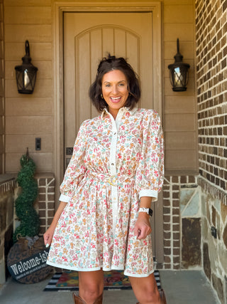Rosalie Floral Belted Mini Dress | Button-Front 3/4 Sleeve Shirtdress - West Avenue