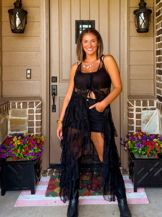Midnight Muse Sheer Lace Tiered High-Low Duster