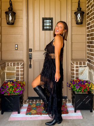 Midnight Muse Sheer Lace Tiered High-Low Duster