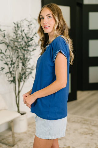 Little Details Trim Detail Top in Blue - West Avenue