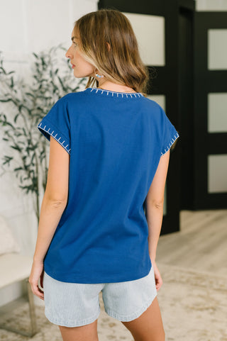 Little Details Trim Detail Top in Blue - West Avenue
