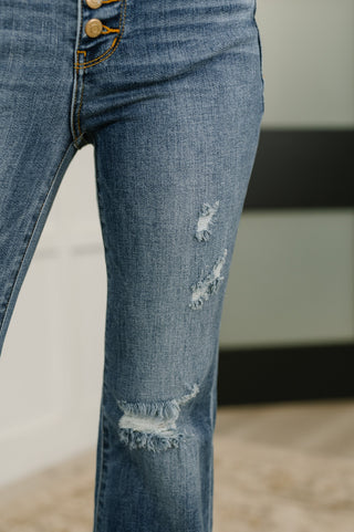 Marion Mid Rise Button Fly Flare with Destroy Fray Hem - West Avenue