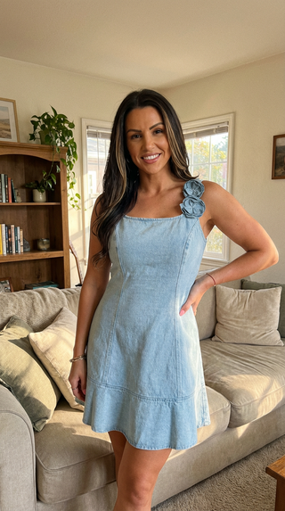 Woman in a light blue dress standing in a living room.