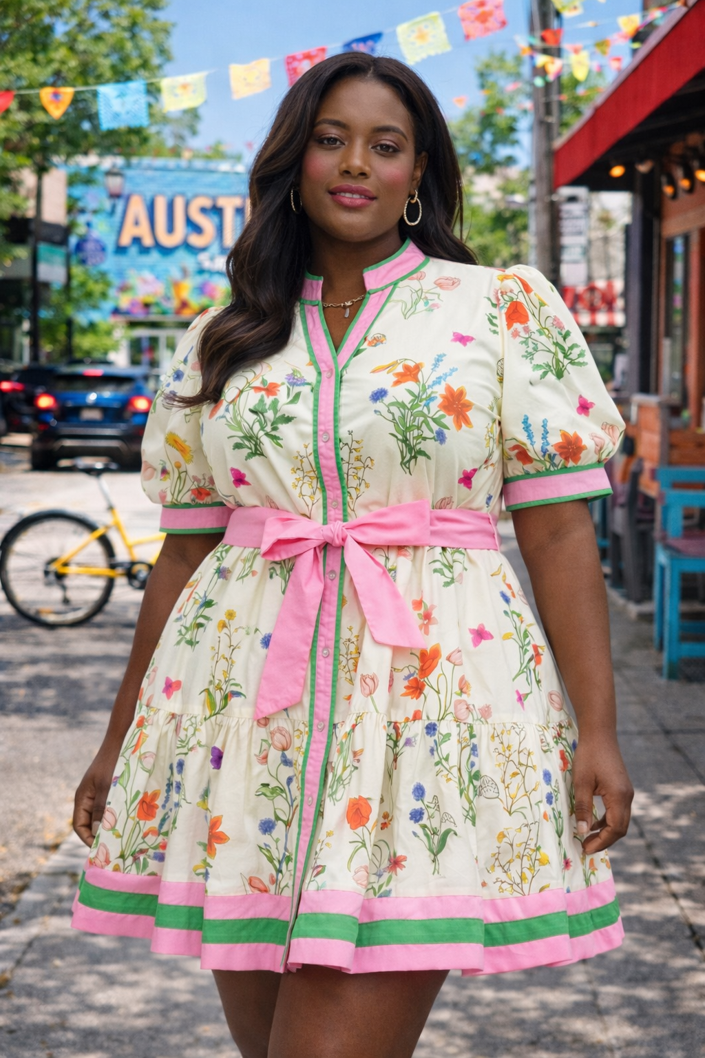 Rosalind Floral Puff Sleeve Plus Size Mini Dress with Contrast