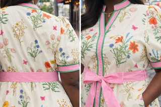 Floral-patterned dress with a pink belt worn by a person, shown from two angles.