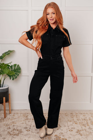 Tilda Short Sleeve Control Top Denim Jumpsuit - West Avenue