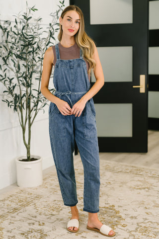 Too Cute to Compute Waist Tie Overalls in Dark Blue - West Avenue