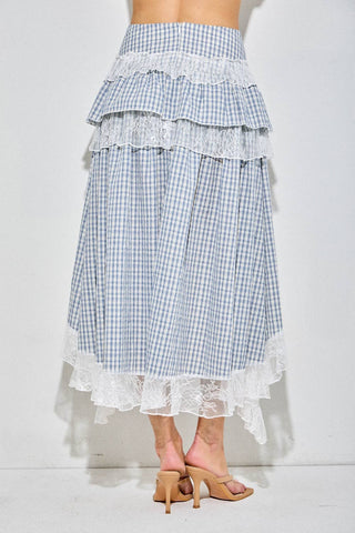 Gingham Plaid Tiered Lace Maxi Skirt - West Avenue