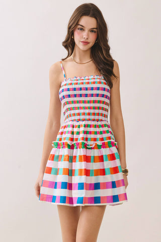 Multi Color Checkered Smocked Bodice Mini Dress - West Avenue