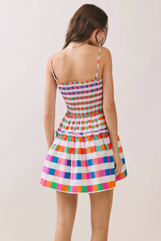 Multi Color Checkered Smocked Bodice Mini Dress - West Avenue