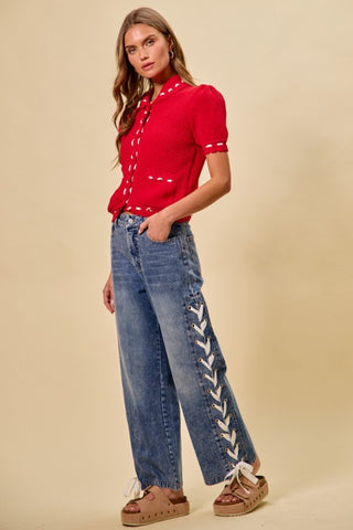 Mid-Rise Side Lace-Up Straight Leg Jeans