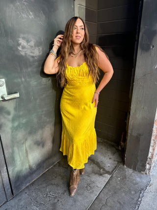 Just The Way You Are Tuscan Yellow Swiss Dot Tie Strap Midi Dress - Small Left - West Avenue