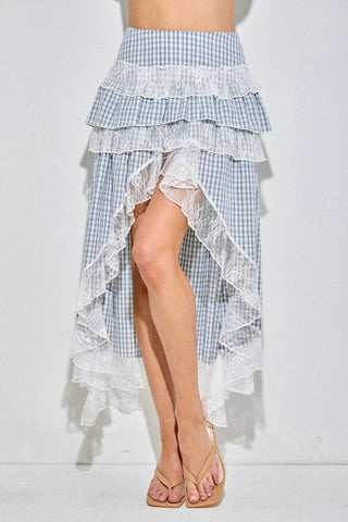Gingham Plaid Tiered Lace Maxi Skirt - West Avenue