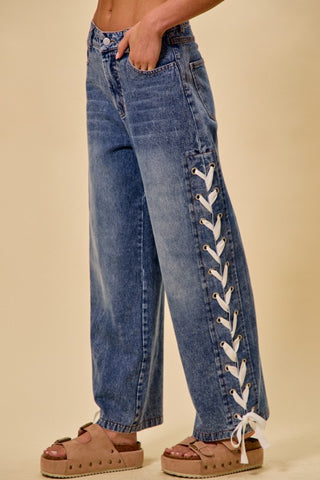 Mid-Rise Side Lace-Up Straight Leg Jeans