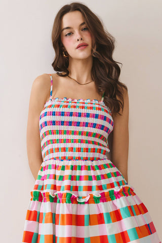 Multi Color Checkered Smocked Bodice Mini Dress - West Avenue