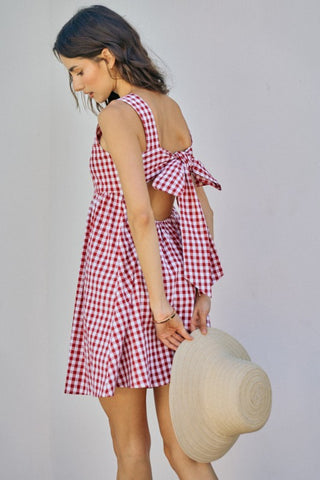 Gingham Checker Woven Square Neck Lace Trim Dress