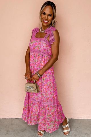 Boho Rose Floral Lace Empire Waist Maxi Dress with Adjustable Tie Straps - West Avenue