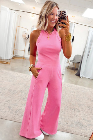 Sachet Pink Ribbed Racerback Tank & Wide-Leg Sweatpants Set - West Avenue