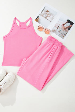 Sachet Pink Ribbed Racerback Tank & Wide-Leg Sweatpants Set - West Avenue