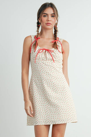 Cherry Blossom Drawstring Mini Dress – Coquette Sleeveless Summer Sundress - West Avenue