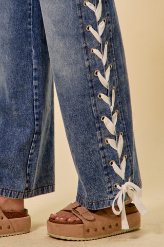 Mid-Rise Side Lace-Up Straight Leg Jeans