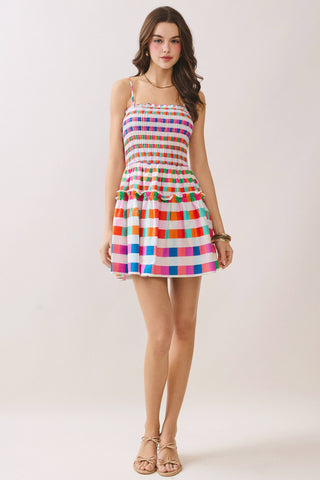 Multi Color Checkered Smocked Bodice Mini Dress - West Avenue