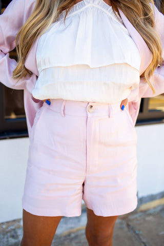 Beautiful In Blush: Shimmer Tailored High-Waisted Shorts - West Avenue