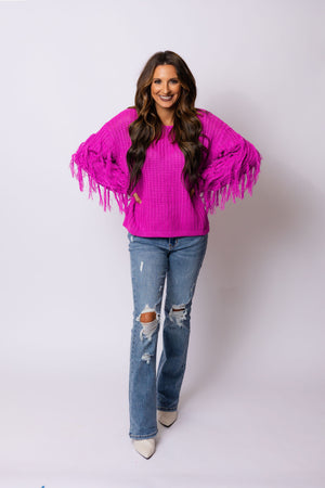 Loved Me To Pieces Fringe Sweater - Pink