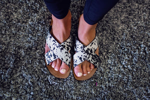 The Candice Cowprint Sandals