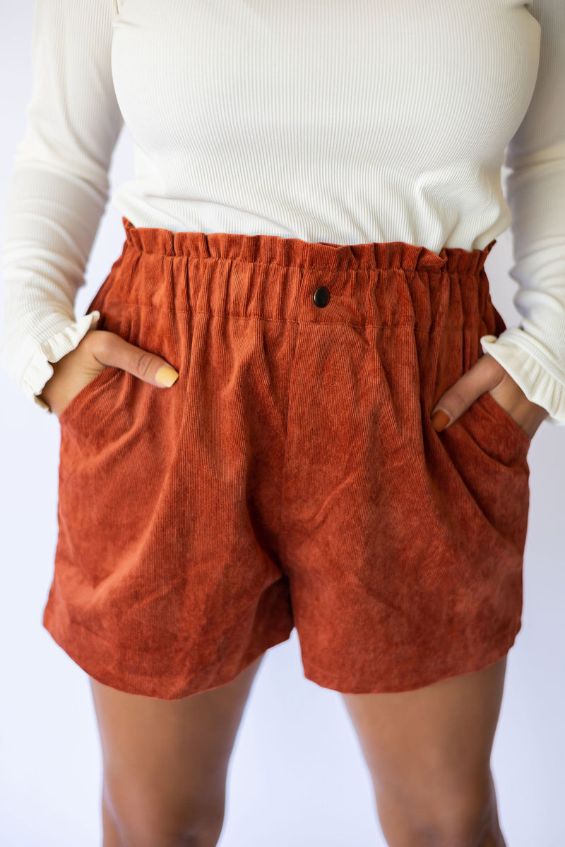Corduroy Paper-Bag Shorts - Rust