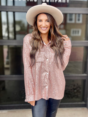 The Maria Rose Gold Button Up Sequin Top