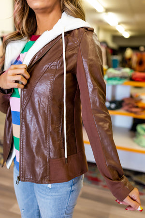 Faux Leather Jacket With Removable Hoodie